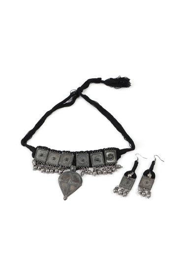 Black Thread & Square Motif German Silver Tribal Choker & Earrings